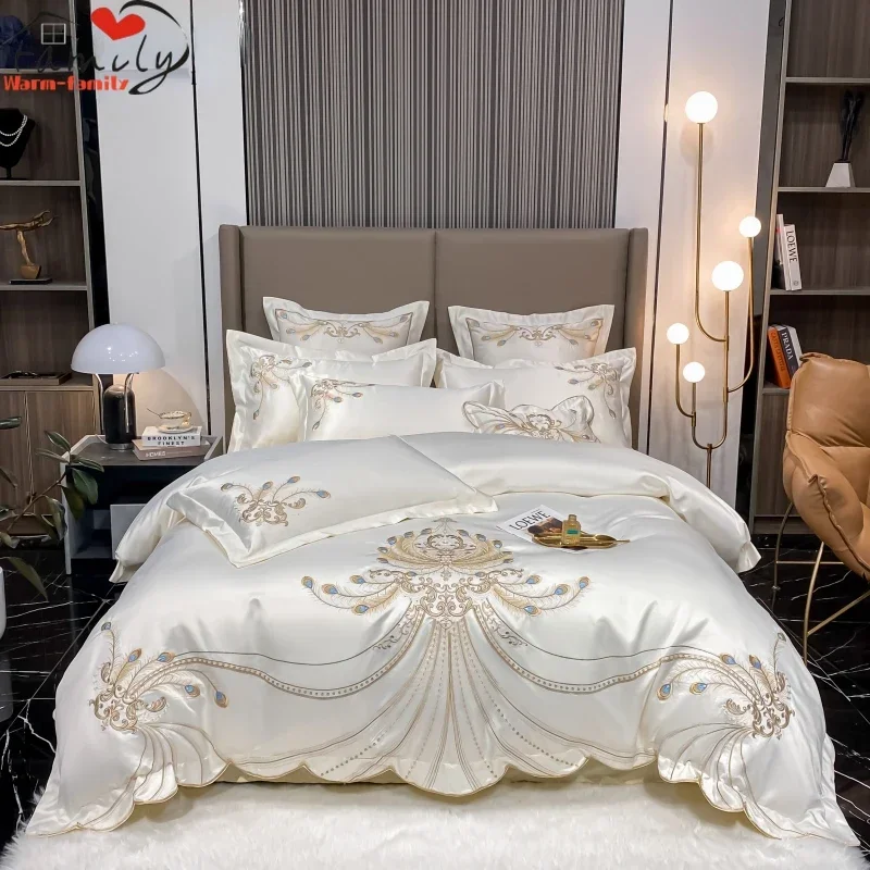 Embroidery Quilt Cover - Luksusowy złote piórka haft egipska bawełna