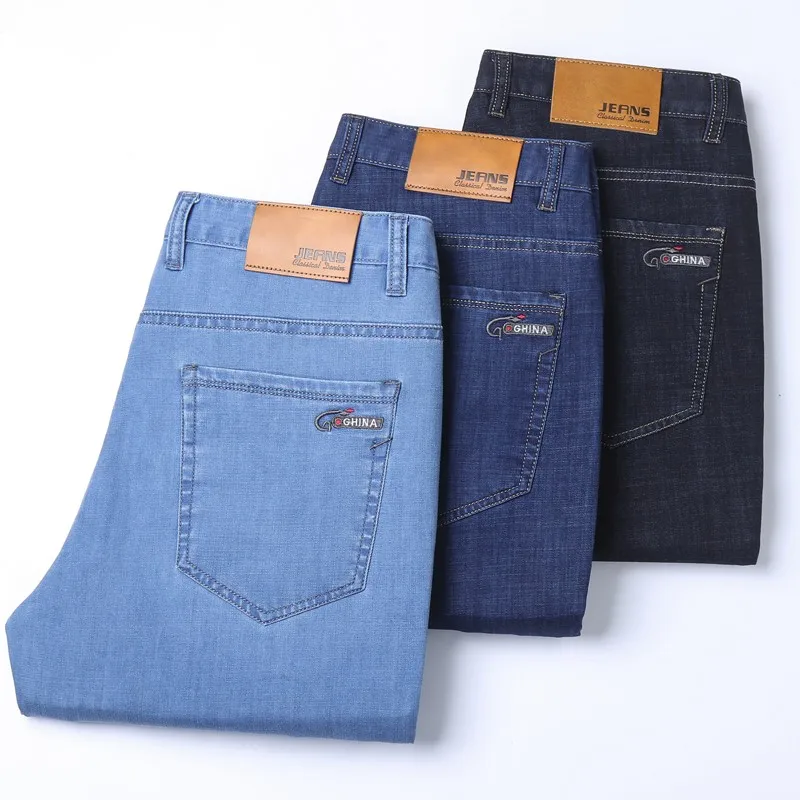 Embroidery On Jeans - Męskie dżinsy z cienkiego denimu Ice