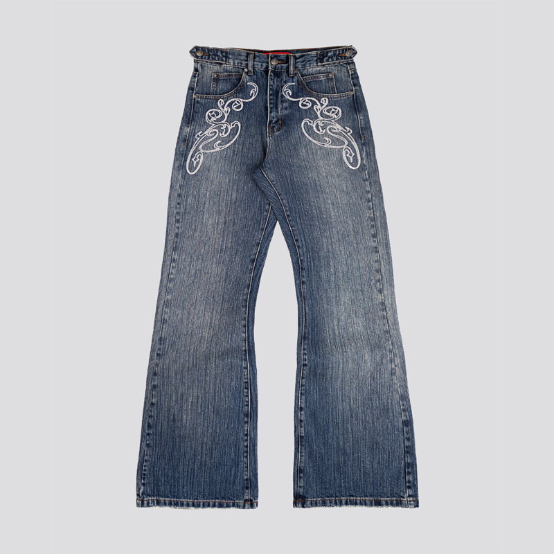 Embroidery On Jeans - Dżinsy bootcut w stylu Y2K, niebieskie,