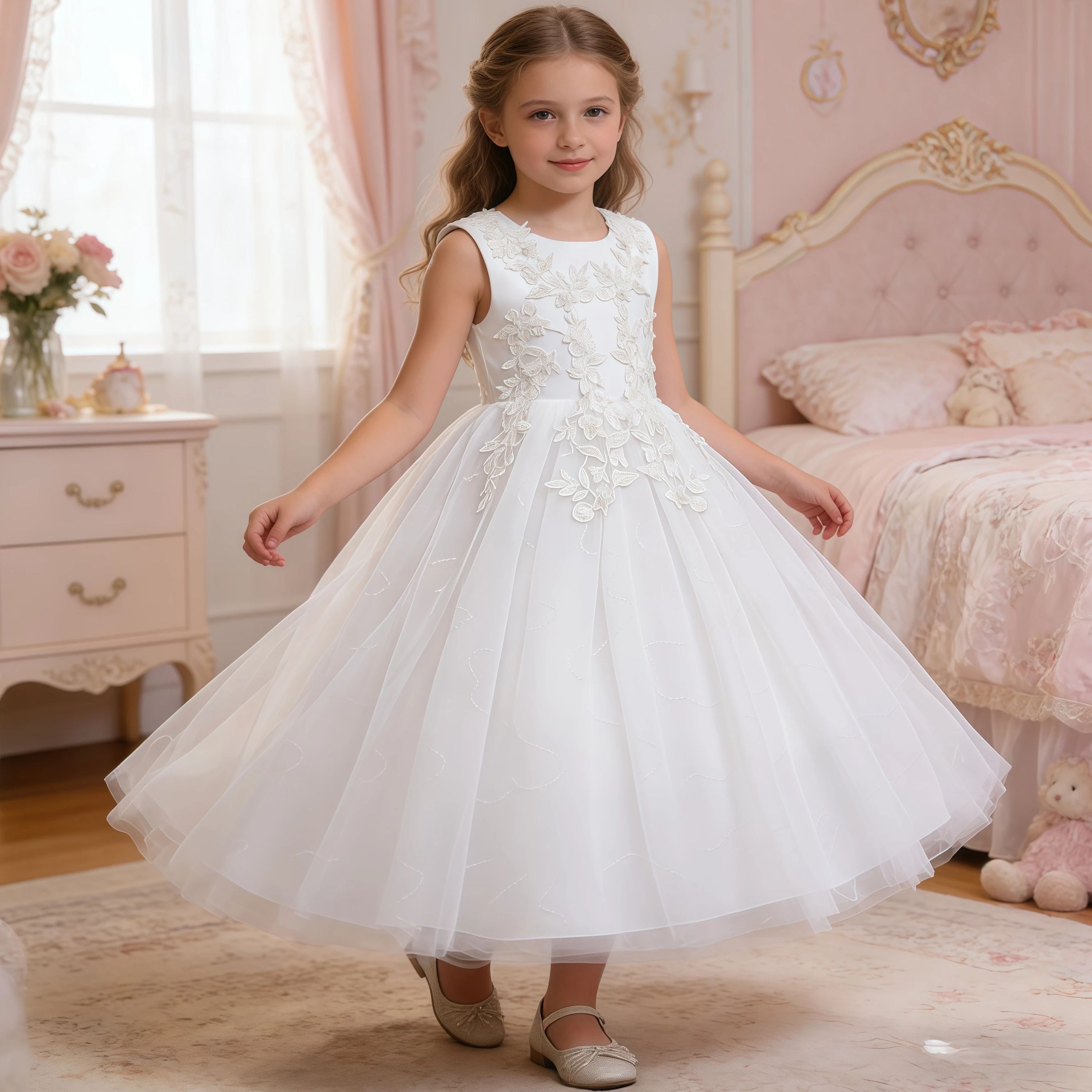 Embroidery White Dress - Długa biała sukienka dla nastolatek z