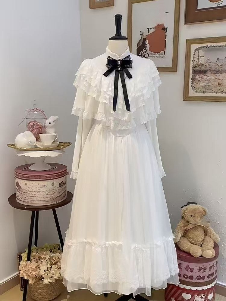 Embroidery White Dress - Japońska sukienka maxi z krótkim rękawem,
