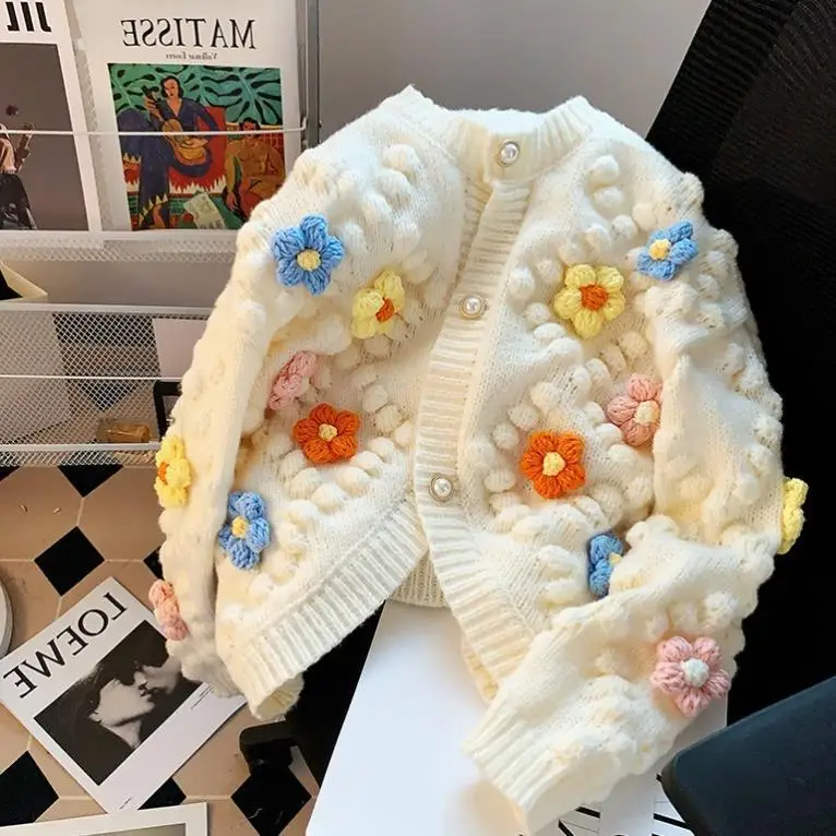 Embroidery Thread Yarn - Kawaii Sweter 3D Kwiatowy haft Dzianinowy