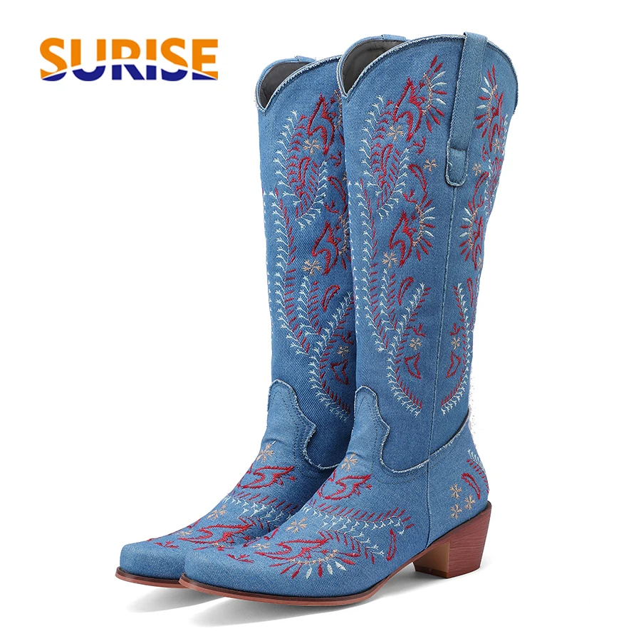 Embroidery On Jeans - Niebieskie dżinsy Western Cowgirl Knee High