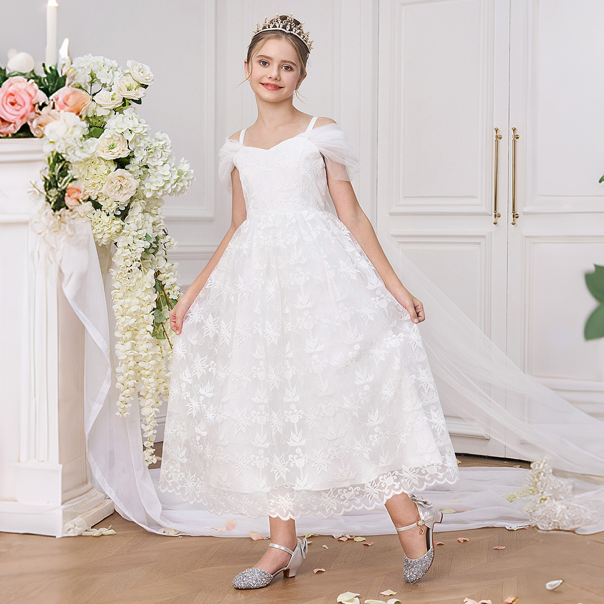 Embroidery White Dress - Elegancka biała sukienka dla dziewczynki na